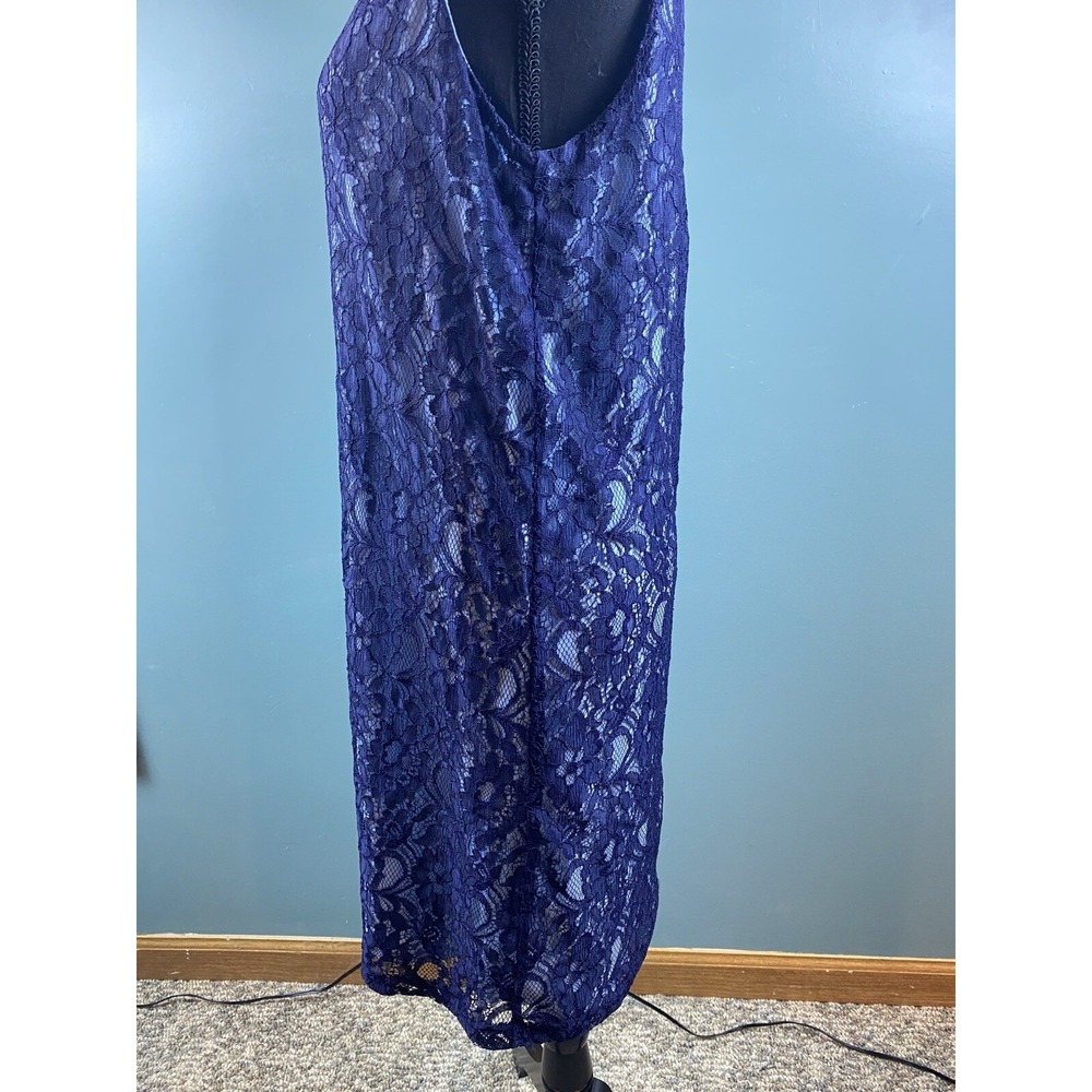 Navy‎ Blue Floral Lace Sleeveless Shift Dress Round Neck Midi Elegant Cocktail - Picture 5 of 16